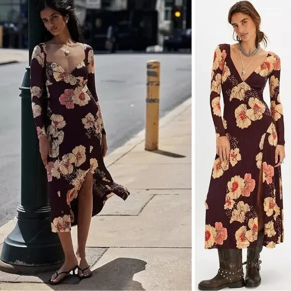 Free People Calla Midi Maxi Dress in Plum Combo Size XL Edgy Floral 90s Bohemian - Picture 6 of 15